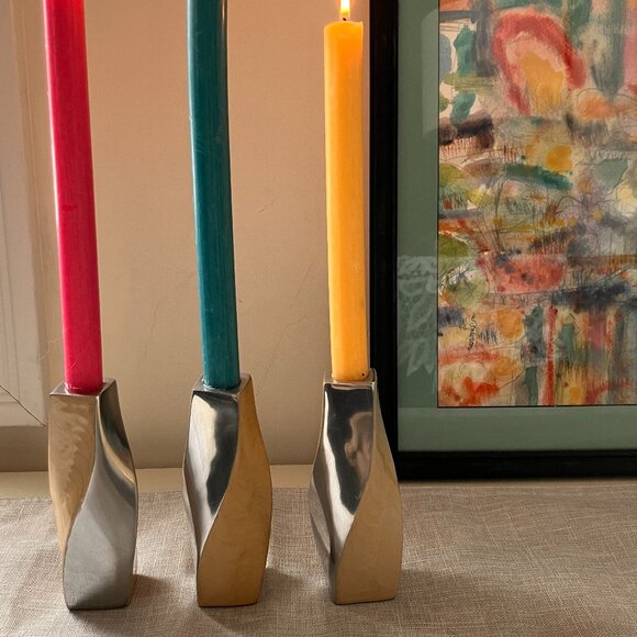 Vintage Scandinavian Style Twist Candle Holders - Silver Tone Metal - Picture 1 of 12